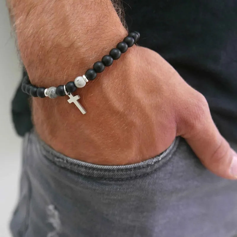 Charm Natural Stone Cross Bracelet faith Black Matte lucky Beads