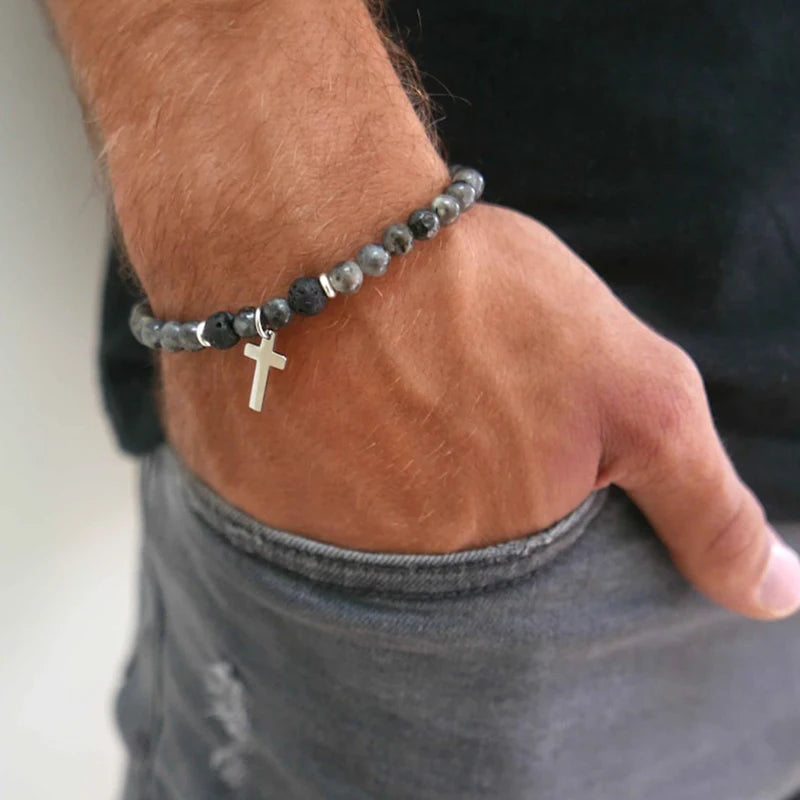 Charm Natural Stone Cross Bracelet faith Black Matte lucky Beads