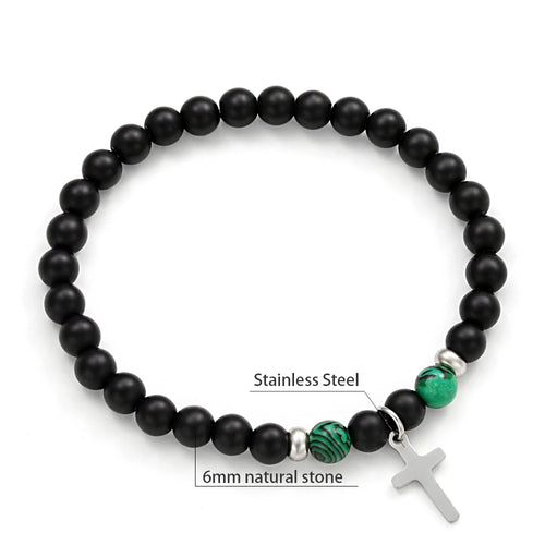 Charm Natural Stone Cross Bracelet faith Black Matte lucky Beads