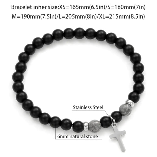 Charm Natural Stone Cross Bracelet faith Black Matte lucky Beads