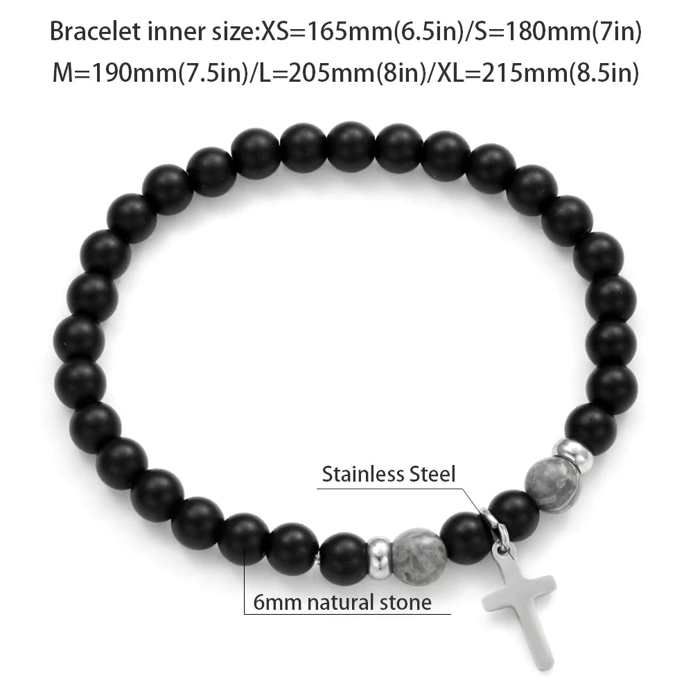 Charm Natural Stone Cross Bracelet faith Black Matte lucky Beads