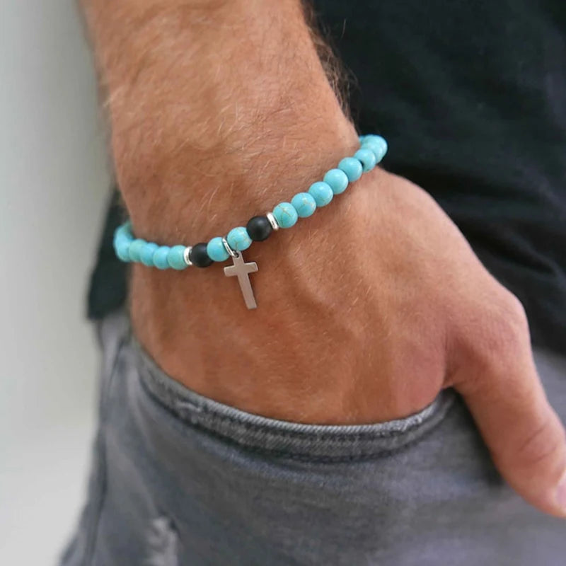 Charm Natural Stone Cross Bracelet faith Black Matte lucky Beads