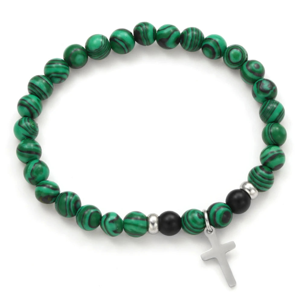 Charm Natural Stone Cross Bracelet faith Black Matte lucky Beads