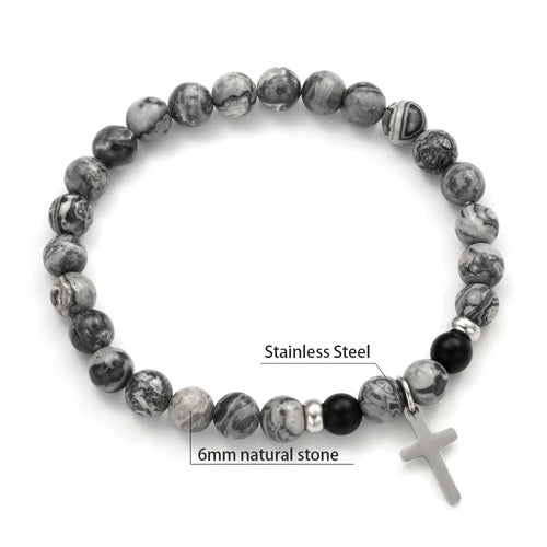 Charm Natural Stone Cross Bracelet faith Black Matte lucky Beads